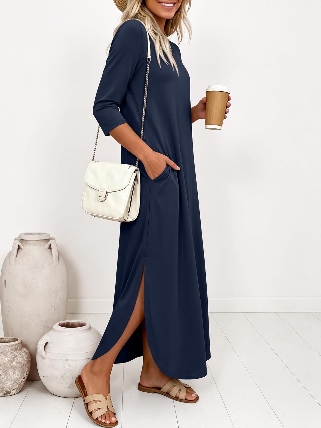 ANRABESS Women’s Air Layer 3/4 Sleeve Fall Maxi Dress & Pockets