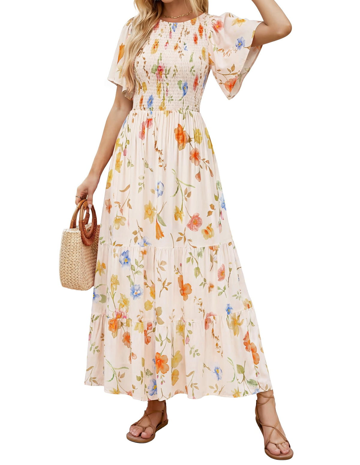 ZESICA Women's Summer Boho Floral Smocked Short Sleeve Maxi Dress