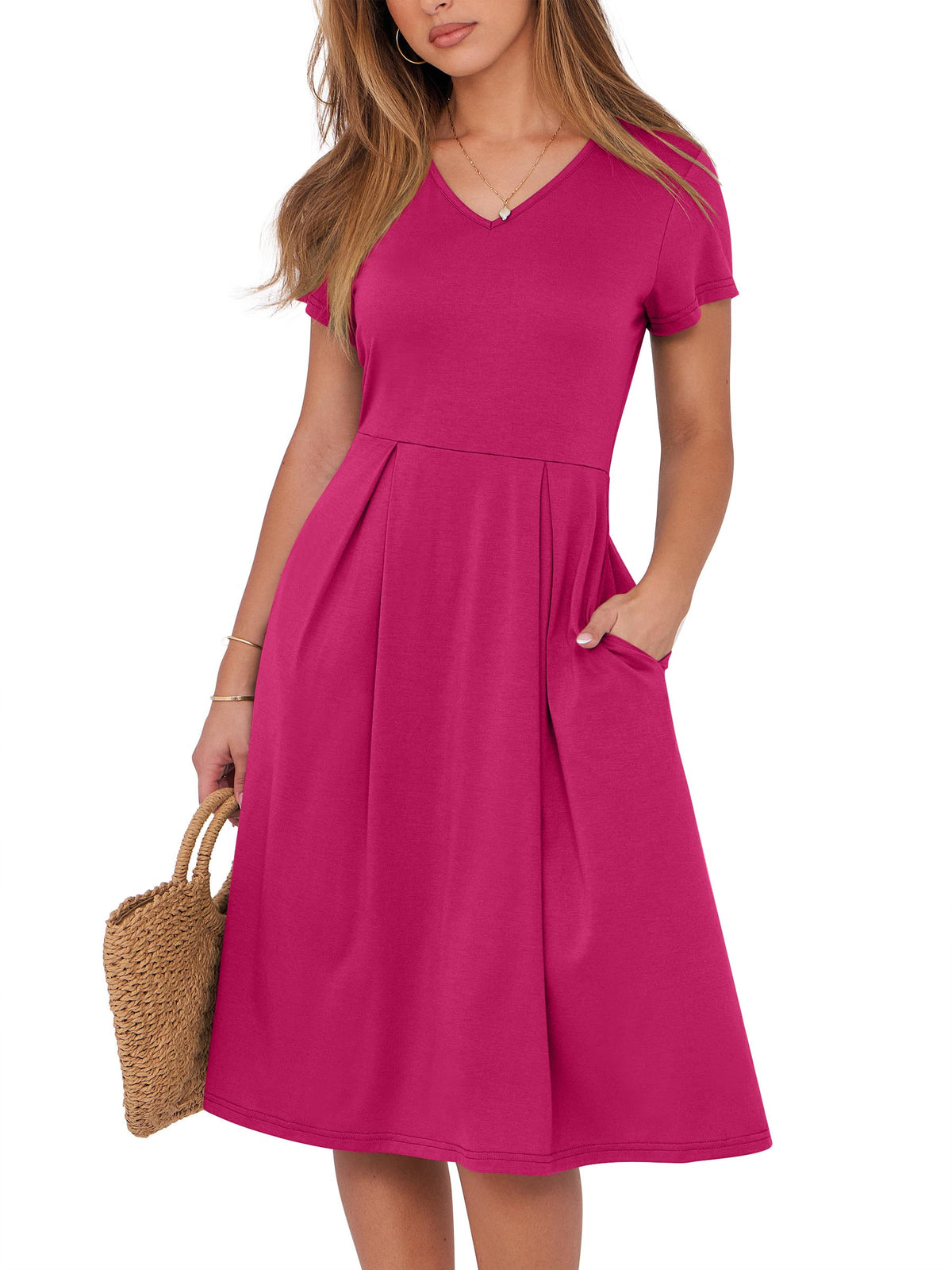 ANRABESS Women Summer Dress Casual Short Sleeve V Neck A-Line Knee Length Pleated Flowy 2026 Fashion Midi Dresses with Pocket