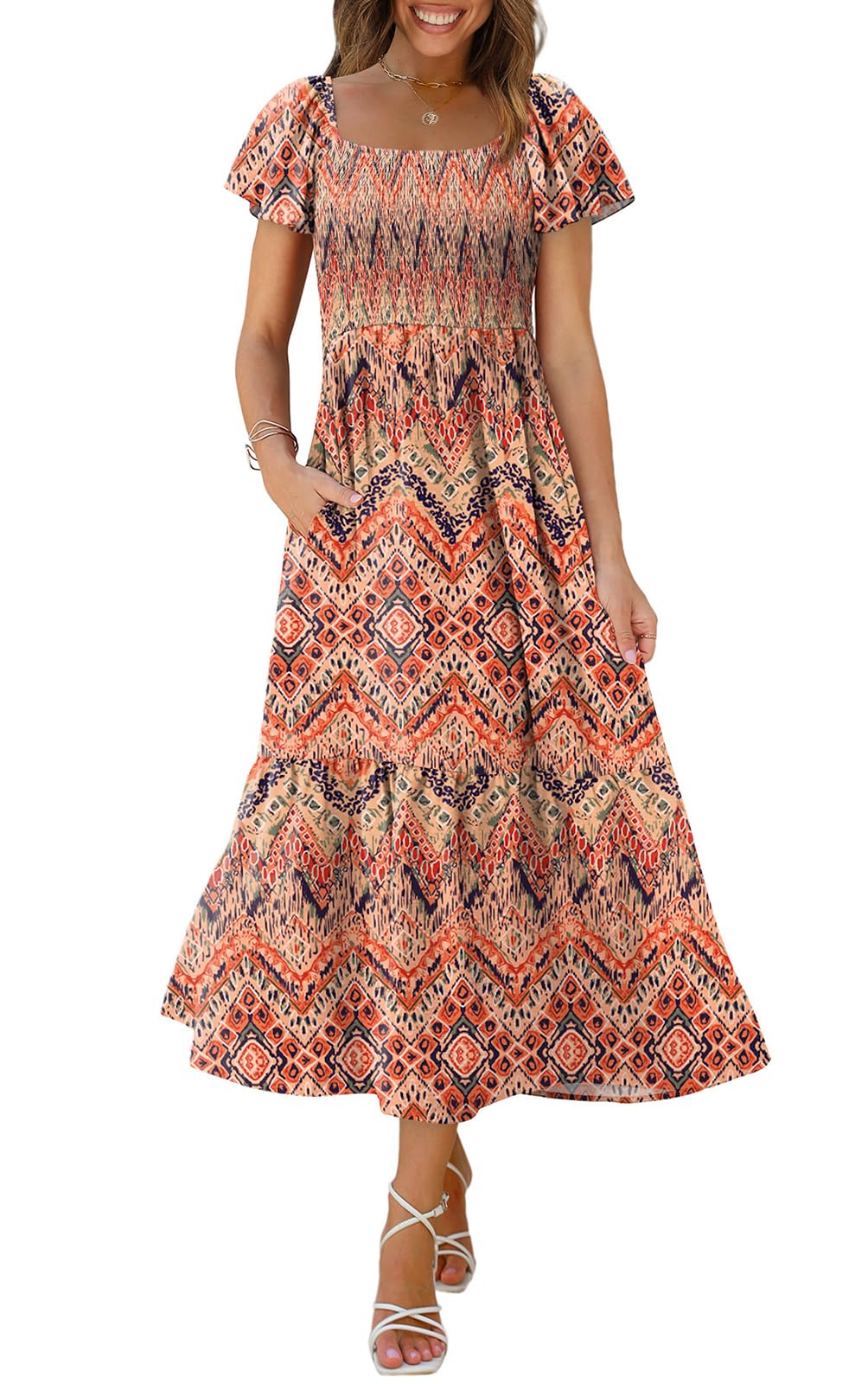 OFEEFAN Summer Dresses for Women Square Neck Ruffle Sleeve Smocked Maxi Dress with Pockets