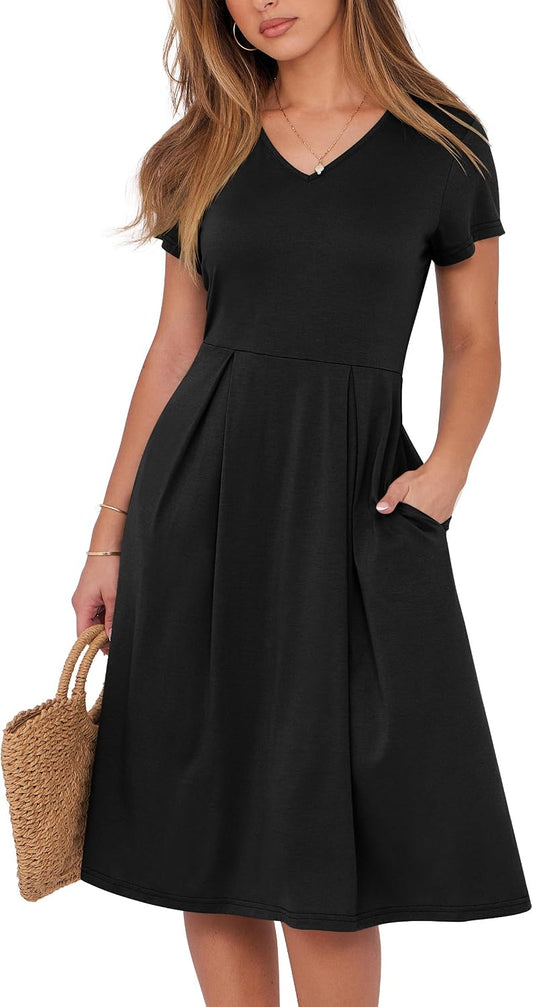 ANRABESS Women Summer Dress Casual Short Sleeve V Neck A-Line Knee Length Pleated Flowy 2026 Fashion Midi Dresses with Pocket