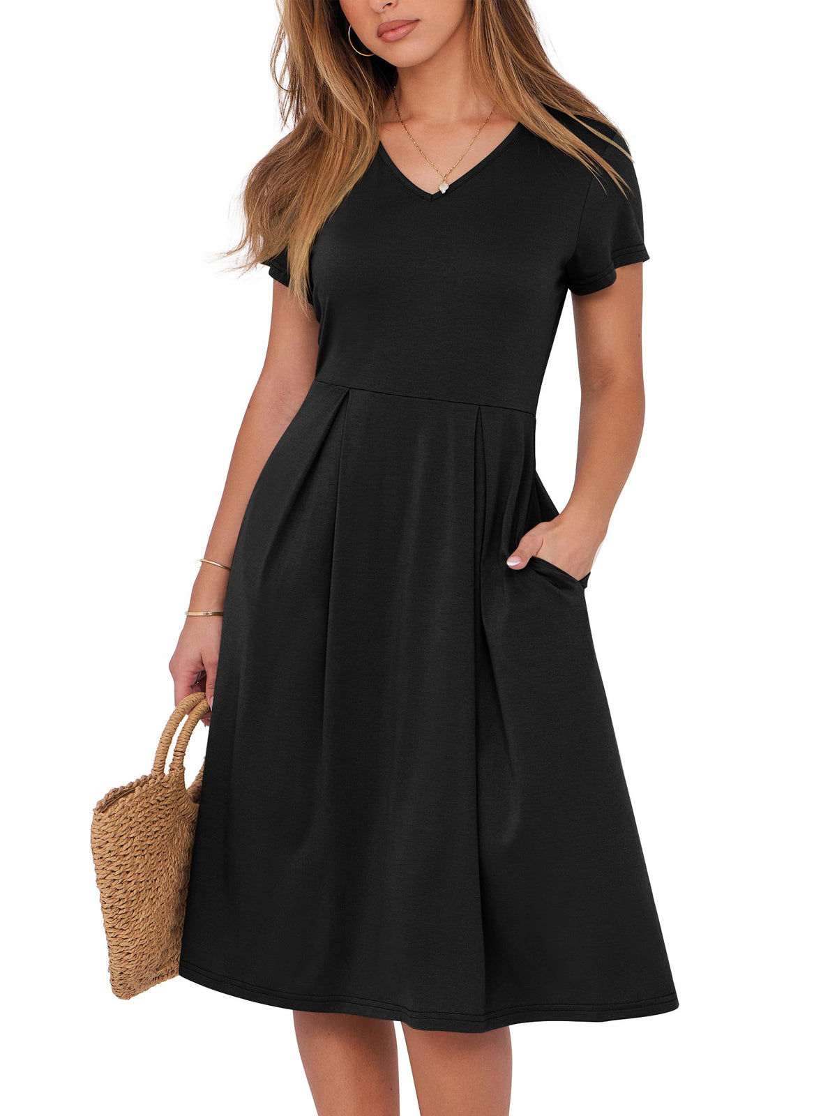 ANRABESS Women Summer Dress Casual Short Sleeve V Neck A-Line Knee Length Pleated Flowy 2026 Fashion Midi Dresses with Pocket