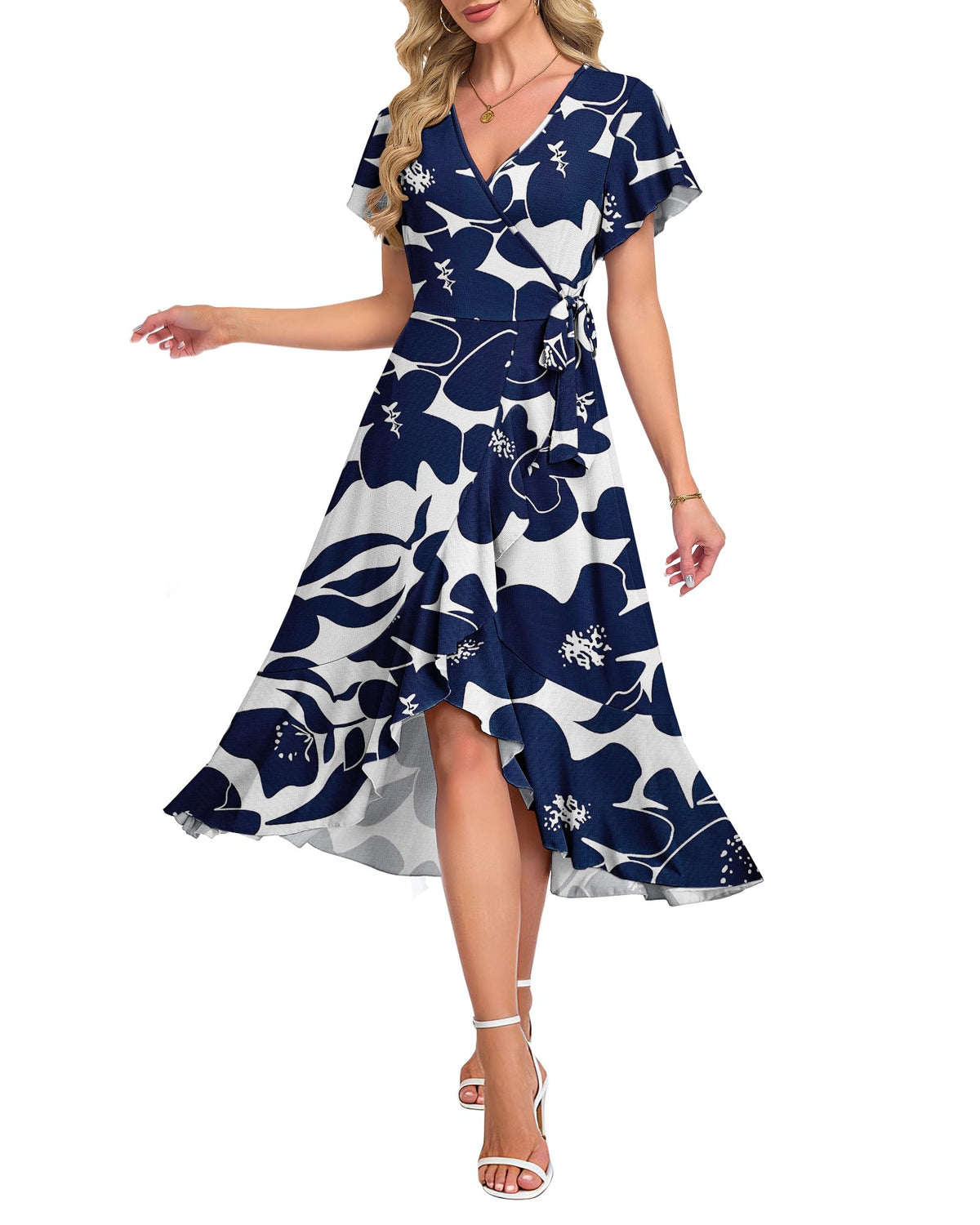 AUSELILY Women Summer Midi Dresses Wrap Short Flutter Sleeve Elegant Dress