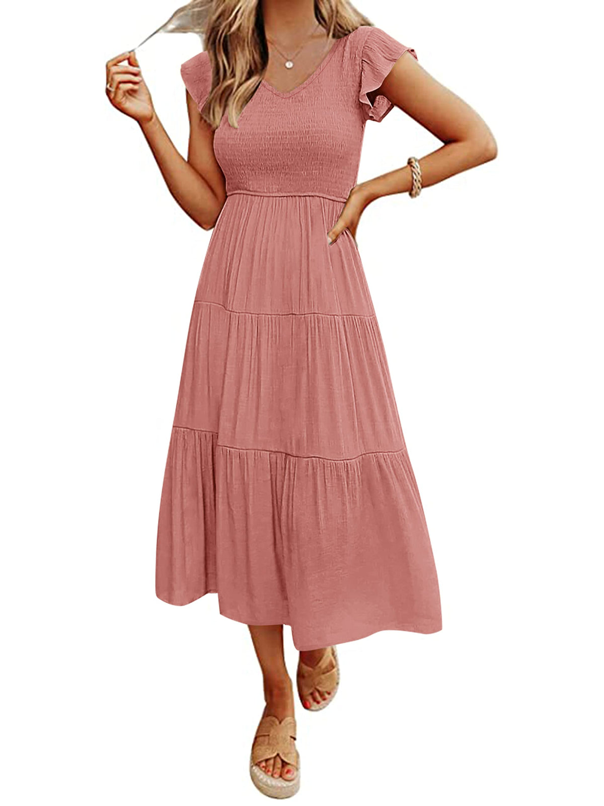 MEROKEETY Women's Summer 2026 Flutter Sleeve Smocked Casual Midi Dress