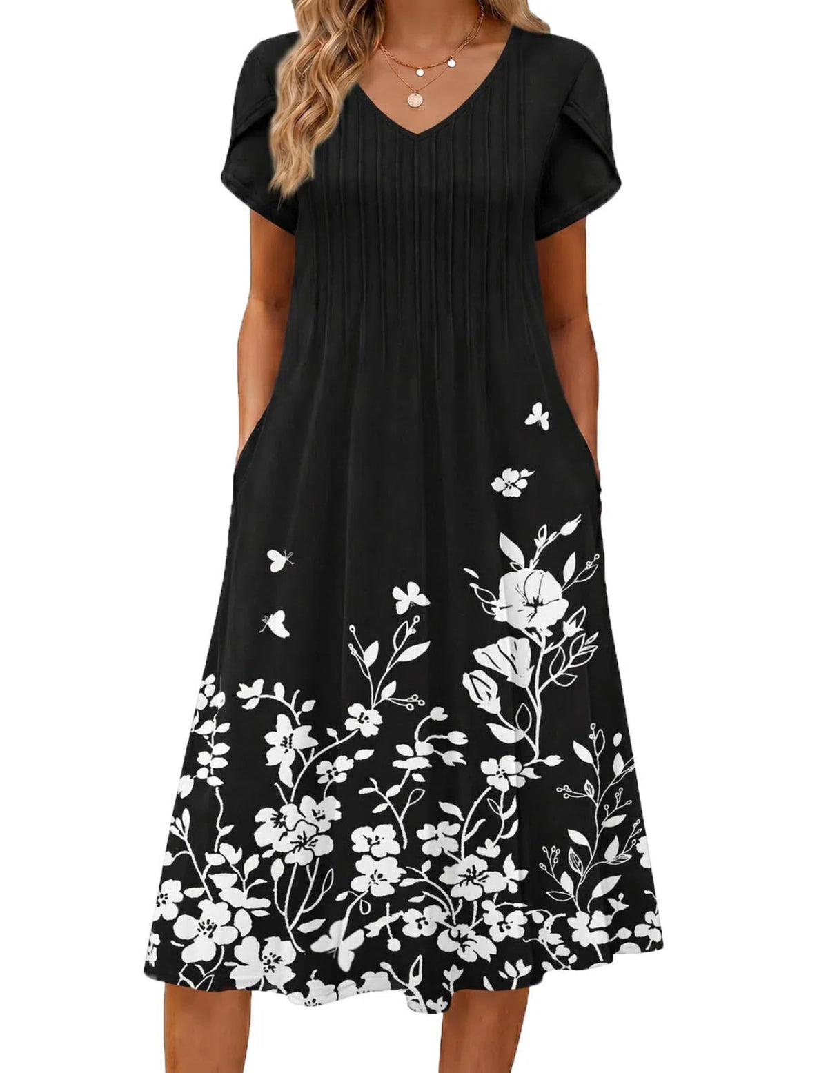 Zeagoo Womens Casual Summer Dress 2026 Short Sleeve Dresses Pleats Midi A Line Flowy Dress Boho Beach Sundress with Pockets