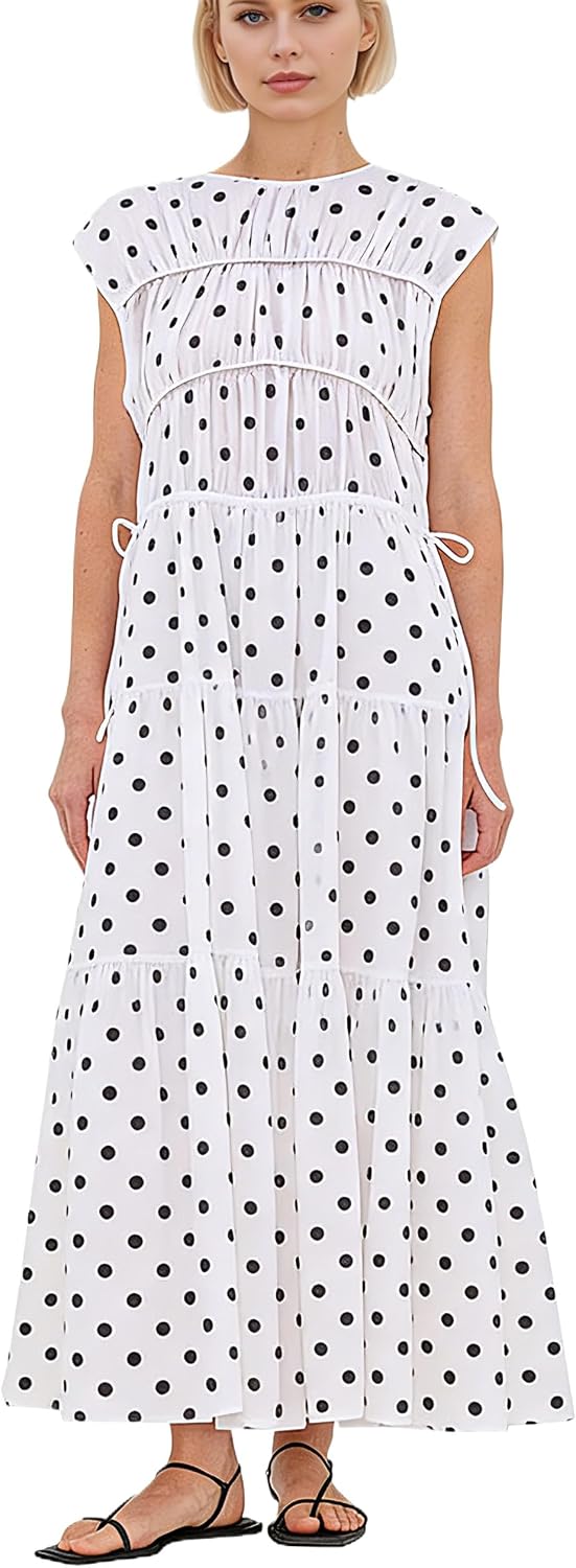 calbatic Women Pleated Ruched Tiered Maxi Dress Sleeveless Patchwork Ruffle Hem A Line Flowy Summer Elegant Long Dress