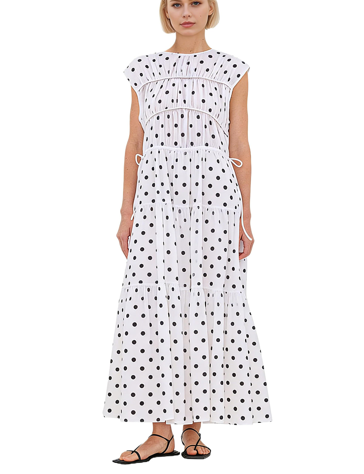 calbatic Women Pleated Ruched Tiered Maxi Dress Sleeveless Patchwork Ruffle Hem A Line Flowy Summer Elegant Long Dress
