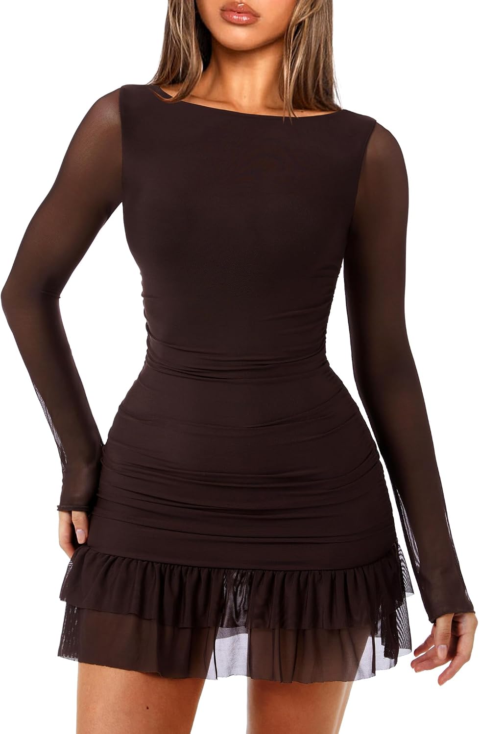 OZICERD Women Boat Neck Bodycon Mini Dresses Long Sleeve Going Out Dress Ruffle Mesh Short Elegant Club Cocktail Party Dress
