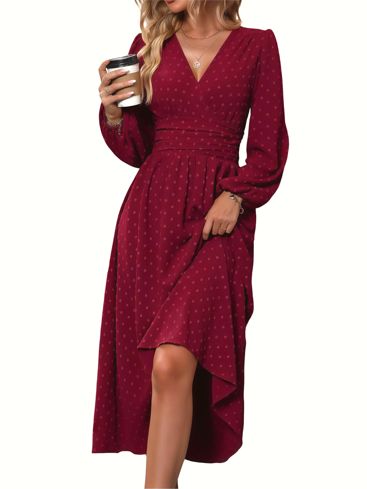 Mettclasi Women's Spring Fall Swiss Dot V-Neck Midi Dress Casual Puff Long Lantern Sleeve A-Line Flowy Wedding Guest Dress