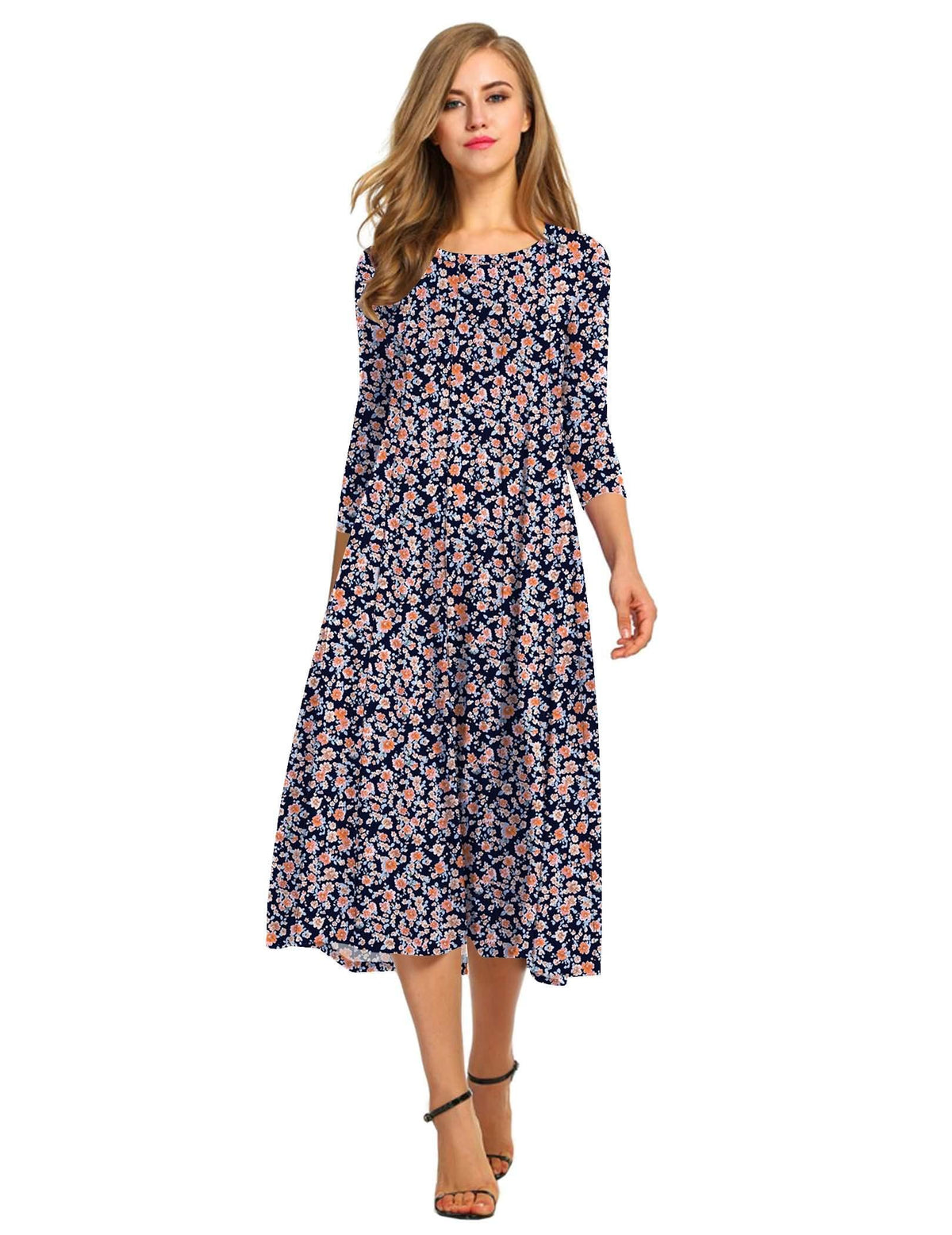 HOTOUCH Women's 3/4 Sleeve A-line and Flare Midi Long Dress