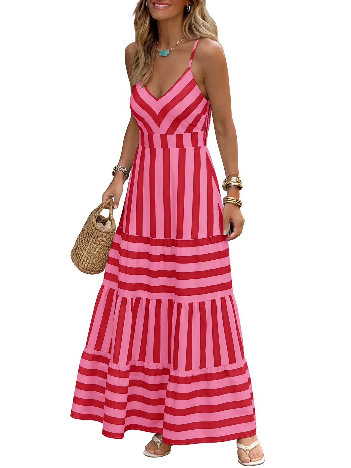 Caracilia Womens Summer Gingham Striped Flowy Spaghetti Strap Maxi Dress