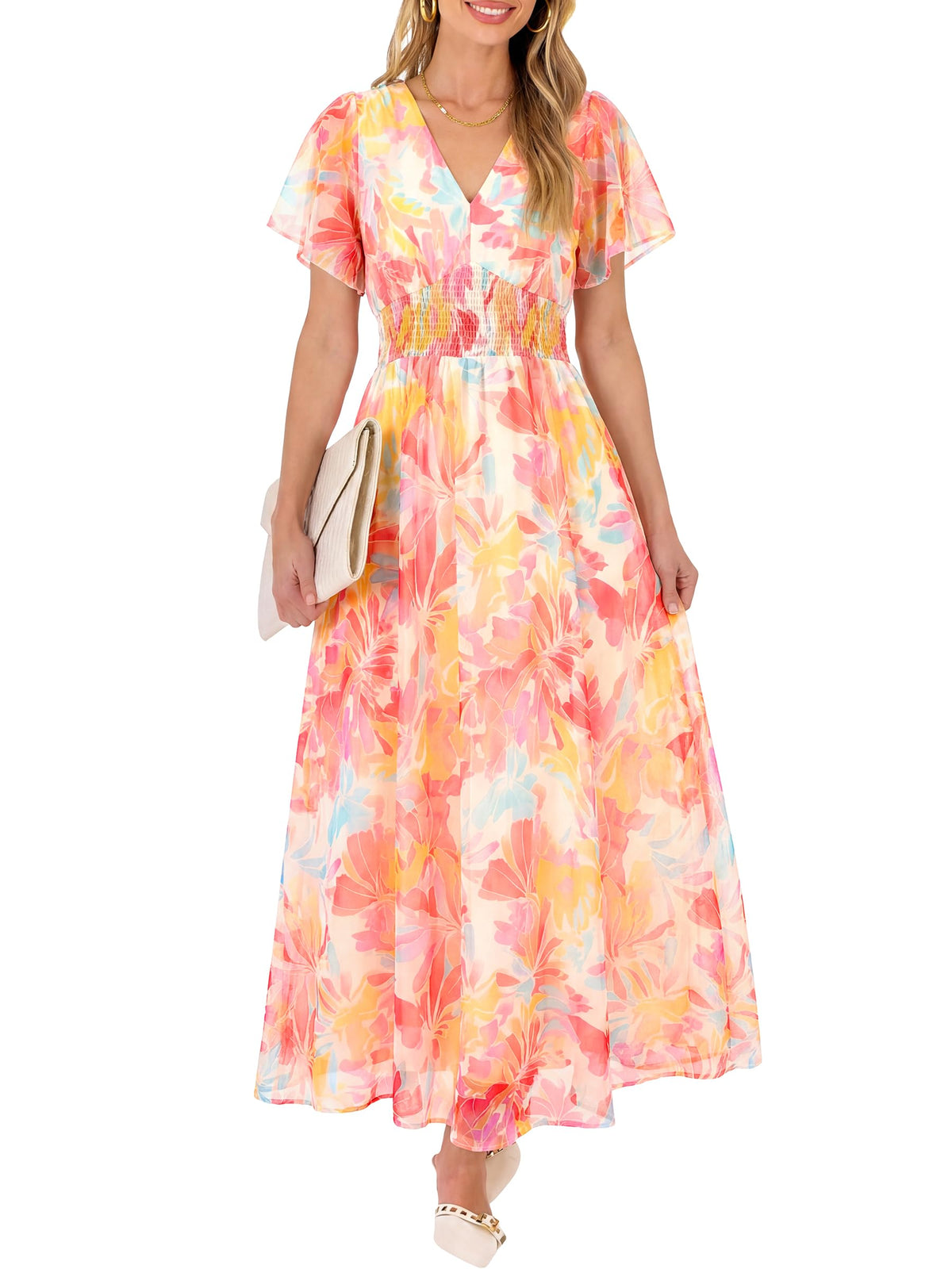 ANRABESS Women's Floral Tulle Wedding Guest Short Sleeve Maxi Dress