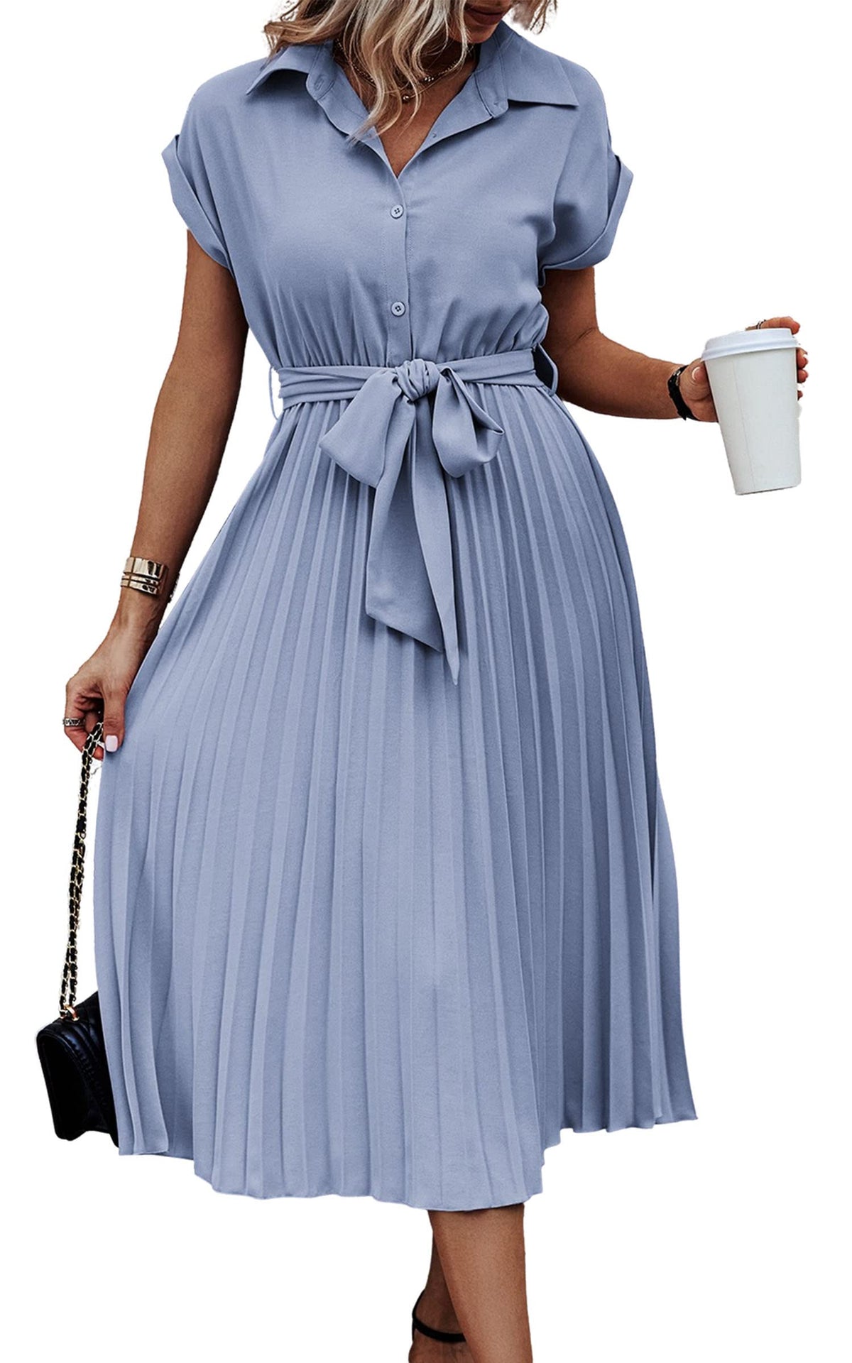 ECOWISH Womens Casual Midi Dresses Solid V Neck Short Sleeve Button Shirt Belted Dress with Pockets for Spring Summer 2026