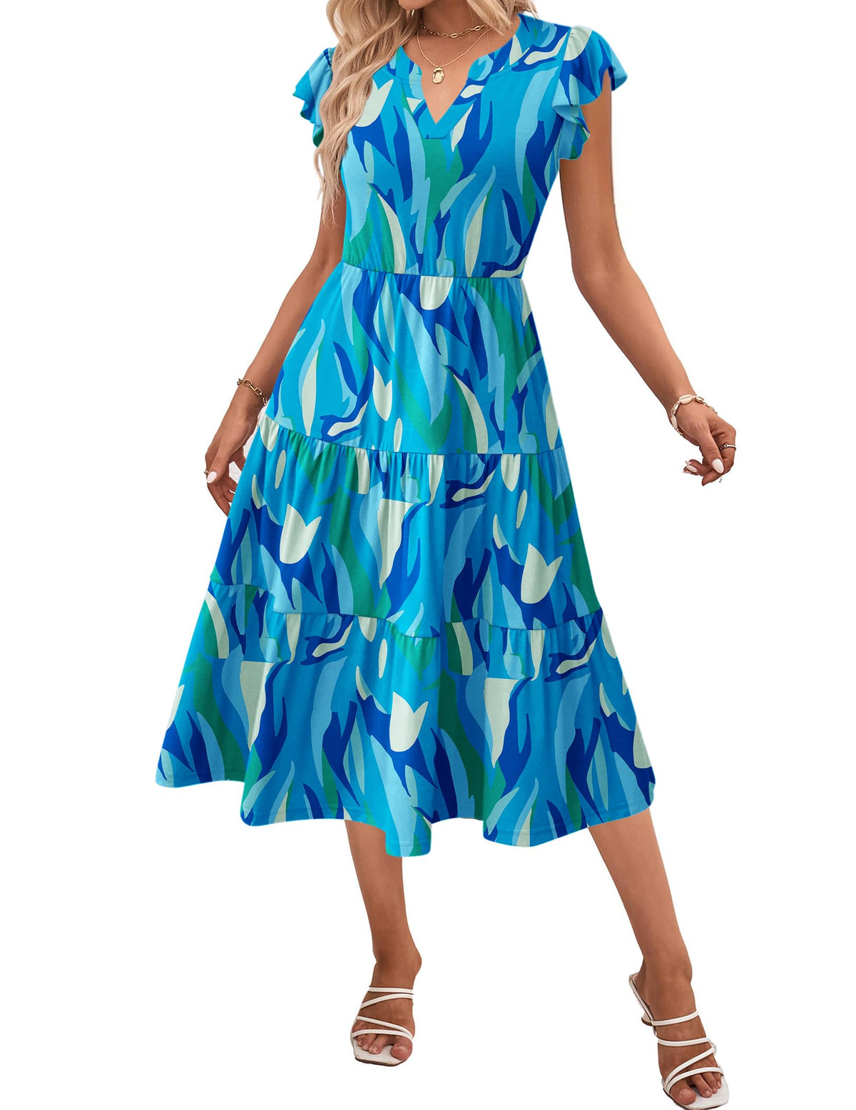 ZEAGOO Womens Summer Casual Dresses Ruffle Sleeve V Neck Midi Dress Flowy Tiered Dress with Pockets Boho Sundresses