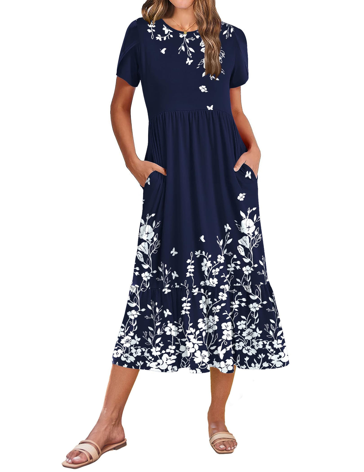 Zeagoo Women Summer Midi A Line Dress Short Sleeve Casual Flowy Tiered Beach Long Sundress with Pockets 2026 Vacation Travel