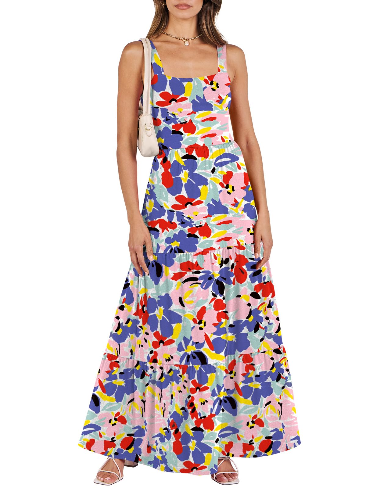 ANRABESS Women's Summer Flowy Maxi Dress Square Neck Sundress with Pockets
