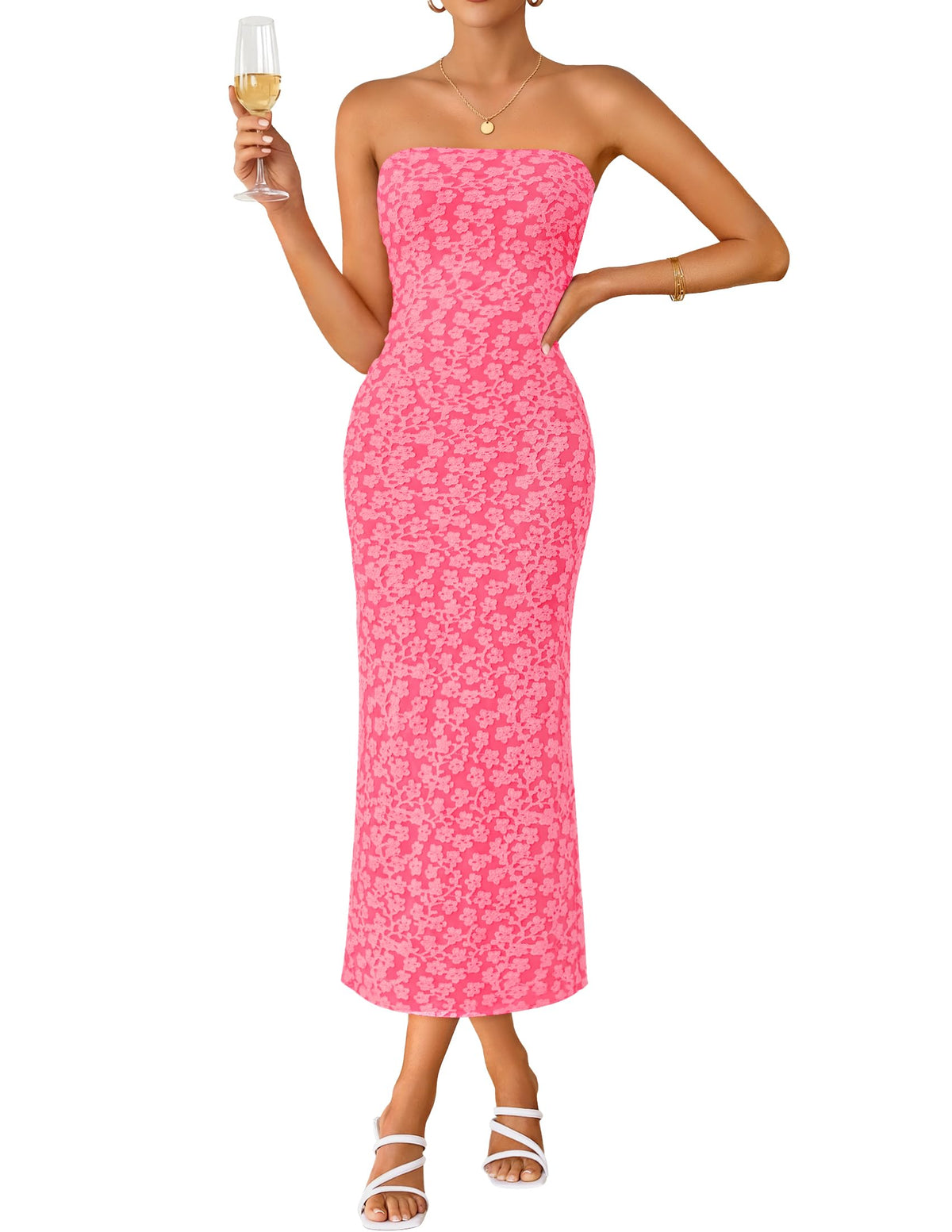 ZESICA Women's Floral Strapless Bodycon Weeding Guest Dress