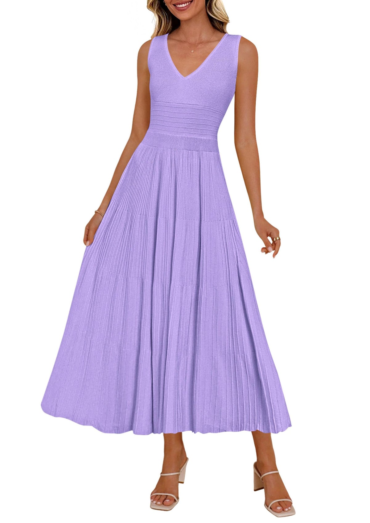 PRETTYGARDEN Women's Summer V Neck Pleated Midi Dress