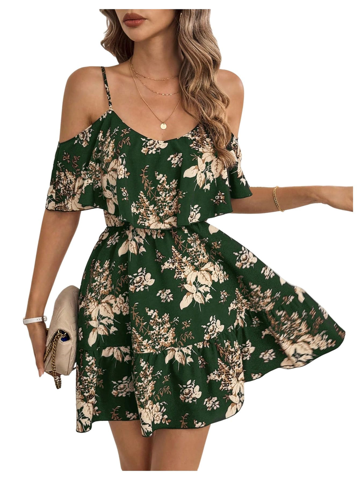 SOLY HUX Women's Summer Floral Mini Dress Cold Shoulder Ruffle Dresses