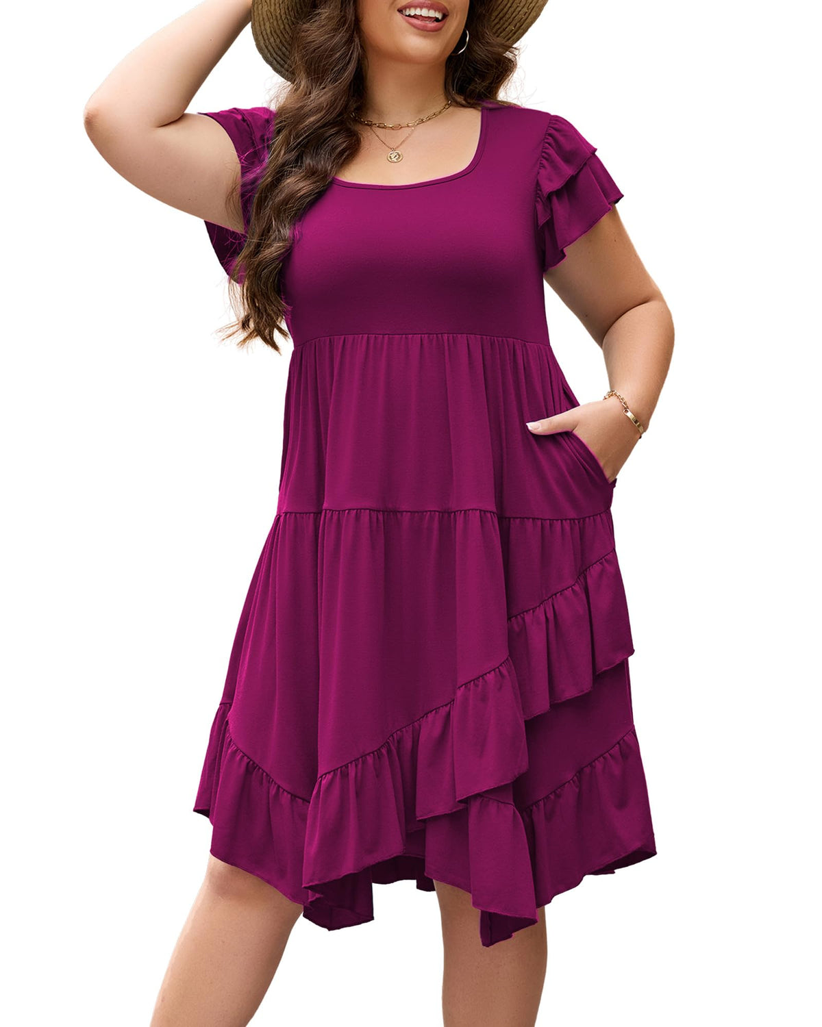 Womens Plus Size Casual Dress Square Neck Double Ruffle Short Sleeves 2 Pockets Ruffled Hem Flowy Dresses
