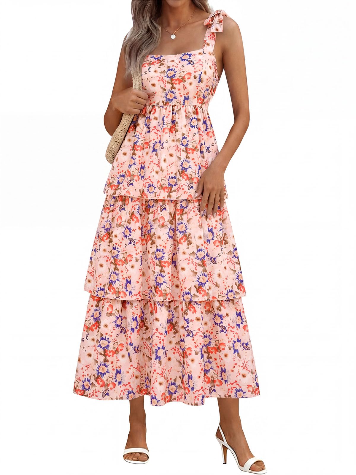 Wenrine Womens Summer Floral Maxi Dress Sleeveless Ruffle Smocked Sundress