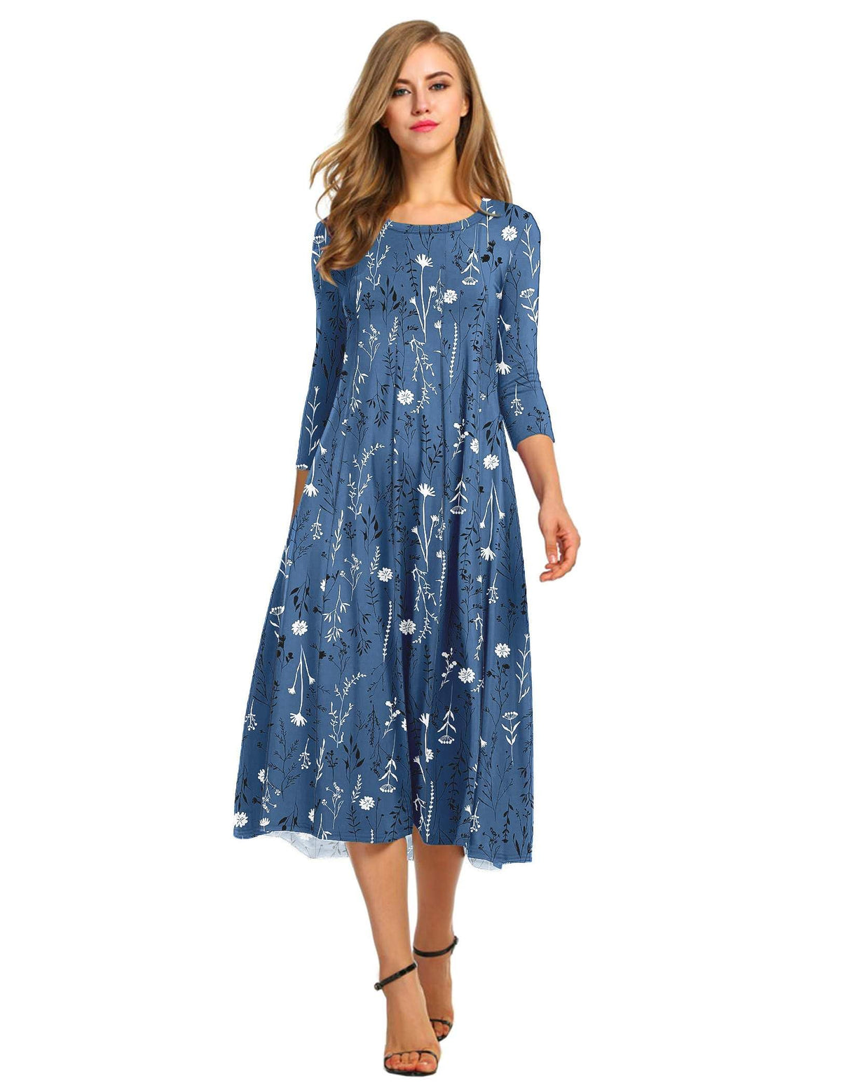 HOTOUCH Women's 3/4 Sleeve A-line and Flare Midi Long Dress