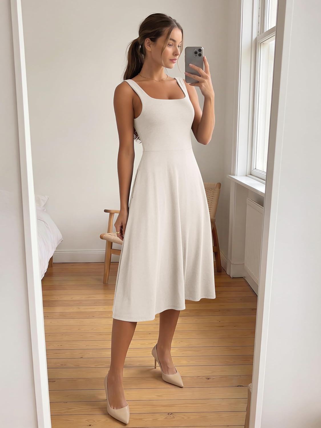 ODODOS Square Neck Midi Dress with Pockets for Women Summer Casual Sleeveless Sundress Flare Tank Dress