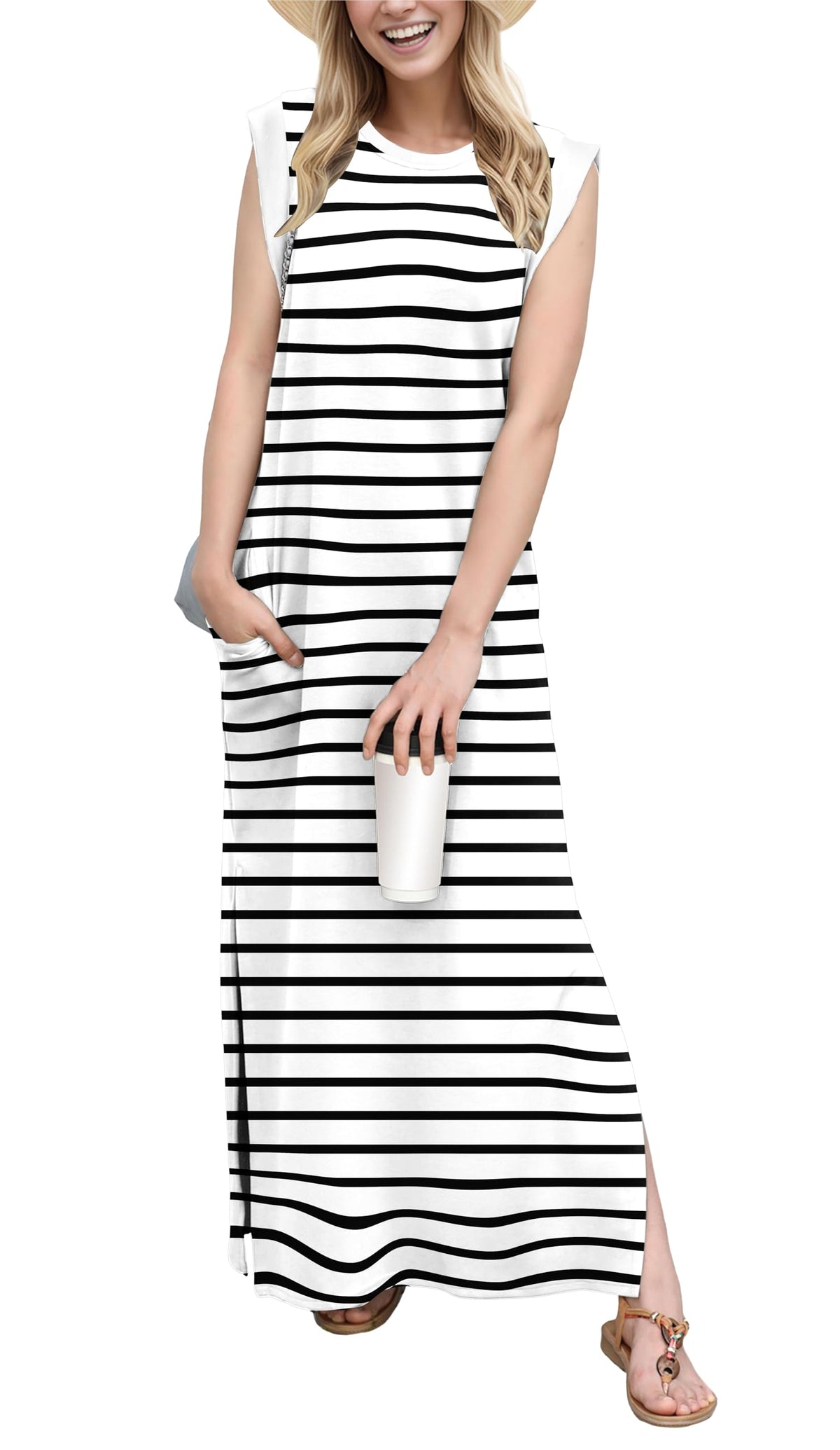 GRECERELLE 2026 Women Year-Round Casual Round Neck Loose Split Wrinkle-Free Long Maxi Vacation Dress with Pockets (XXS-4XL)