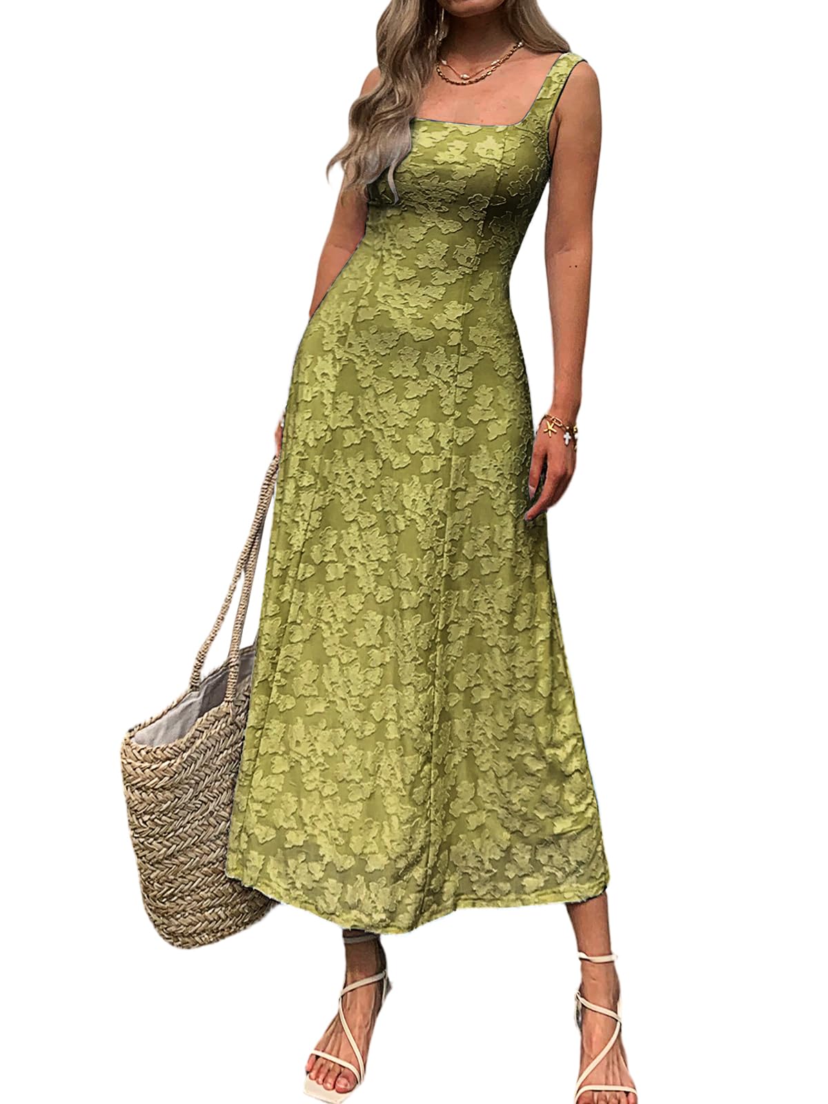 Mieazom Women’s Floral Maxi Dress Square Neck Sleeveless A Line Summer Dress Elegant Fitted Bodice Flowy Long Sundress