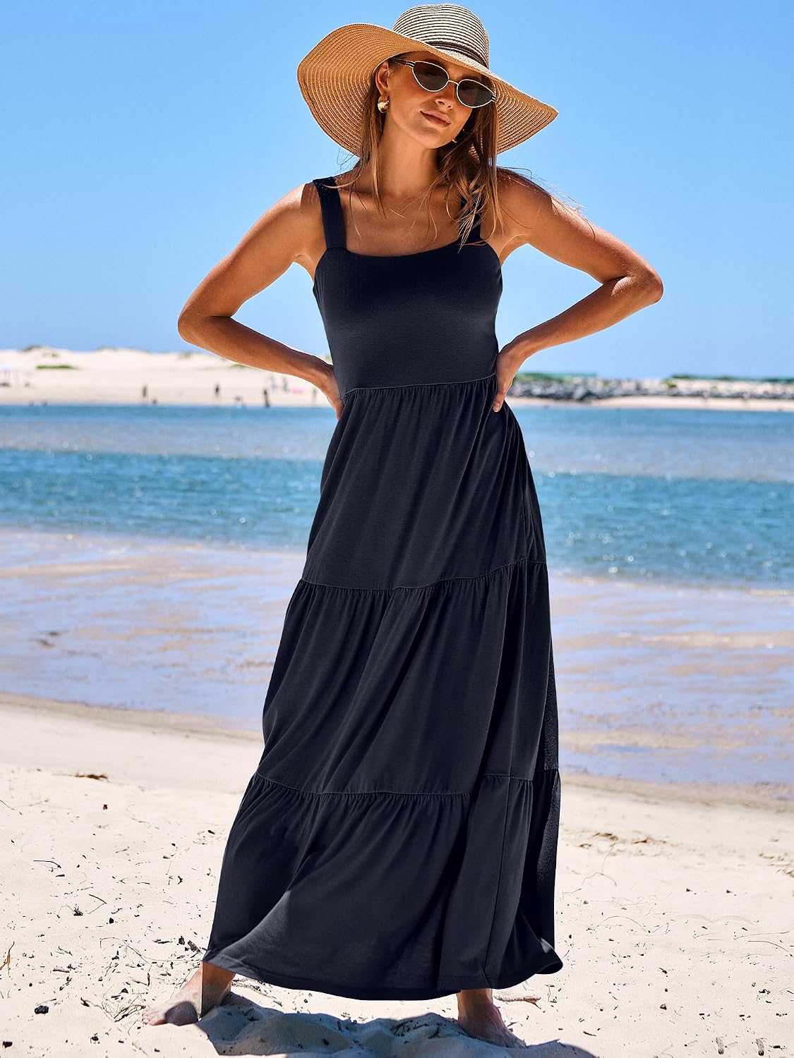 ANRABESS Women's Summer Flowy Maxi Dress Square Neck Sundress with Pockets