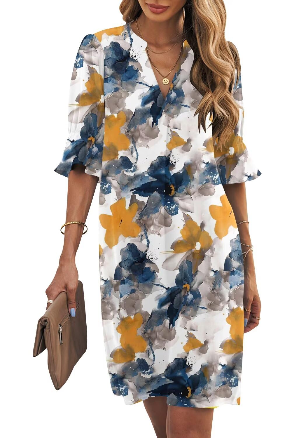 Wkior Womens Summer Ruffle Short Sleeve V Neck Shift Dress