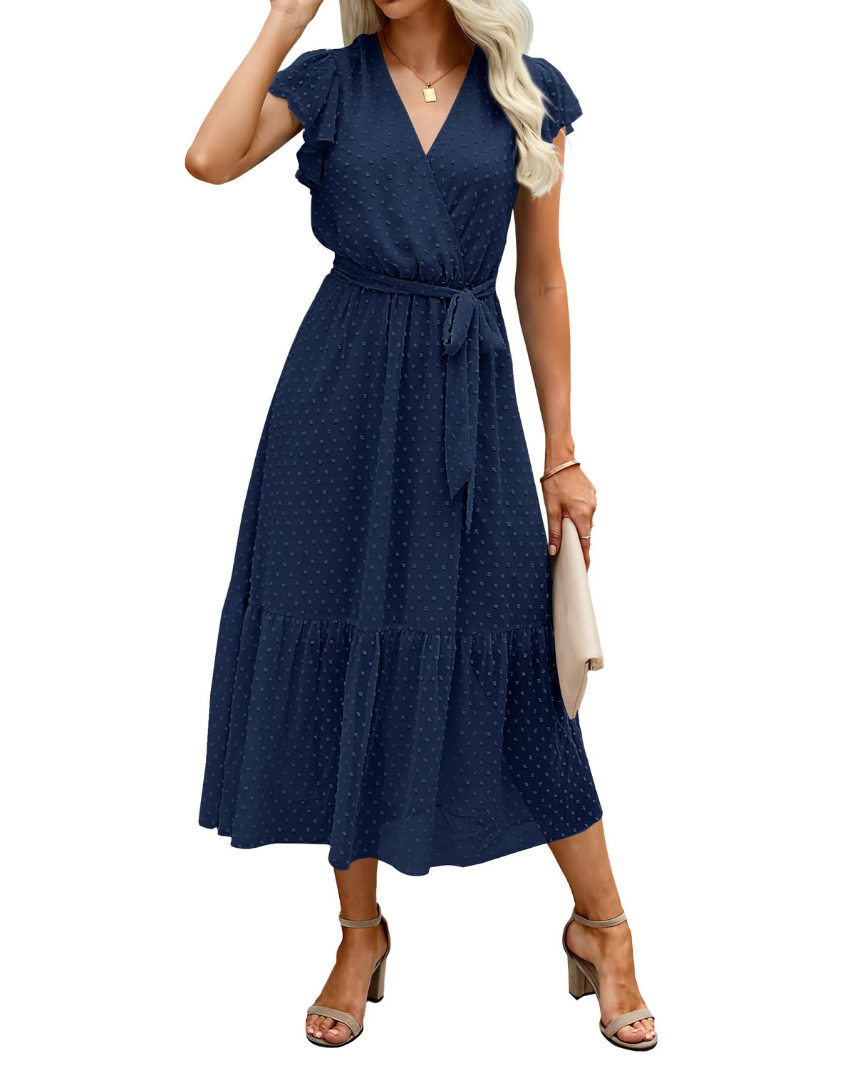 BTFBM Women Summer Casual Wrap V Neck Ruffle Cap Sleeve Belted Midi Dress