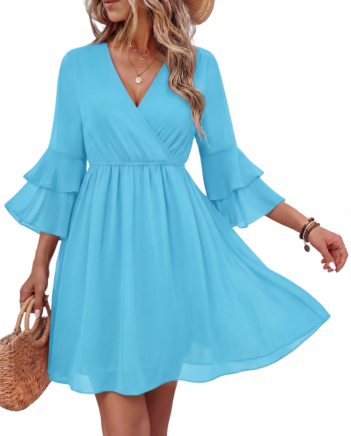 Bebonnie Womens 3/4 Ruffle Sleeve Spring Summer Casual V Neck Flowy Chiffon Layers Dresses