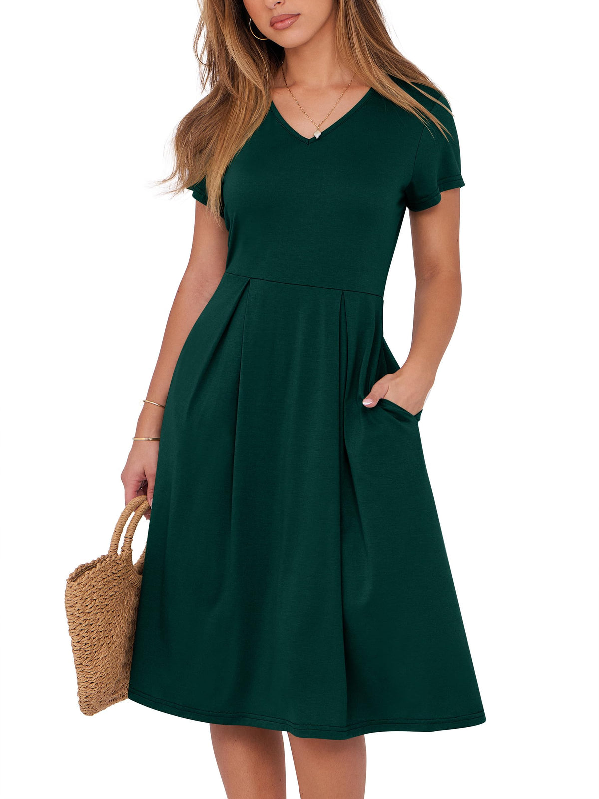 ANRABESS Women Summer Dress Casual Short Sleeve V Neck A-Line Knee Length Pleated Flowy 2026 Fashion Midi Dresses with Pocket