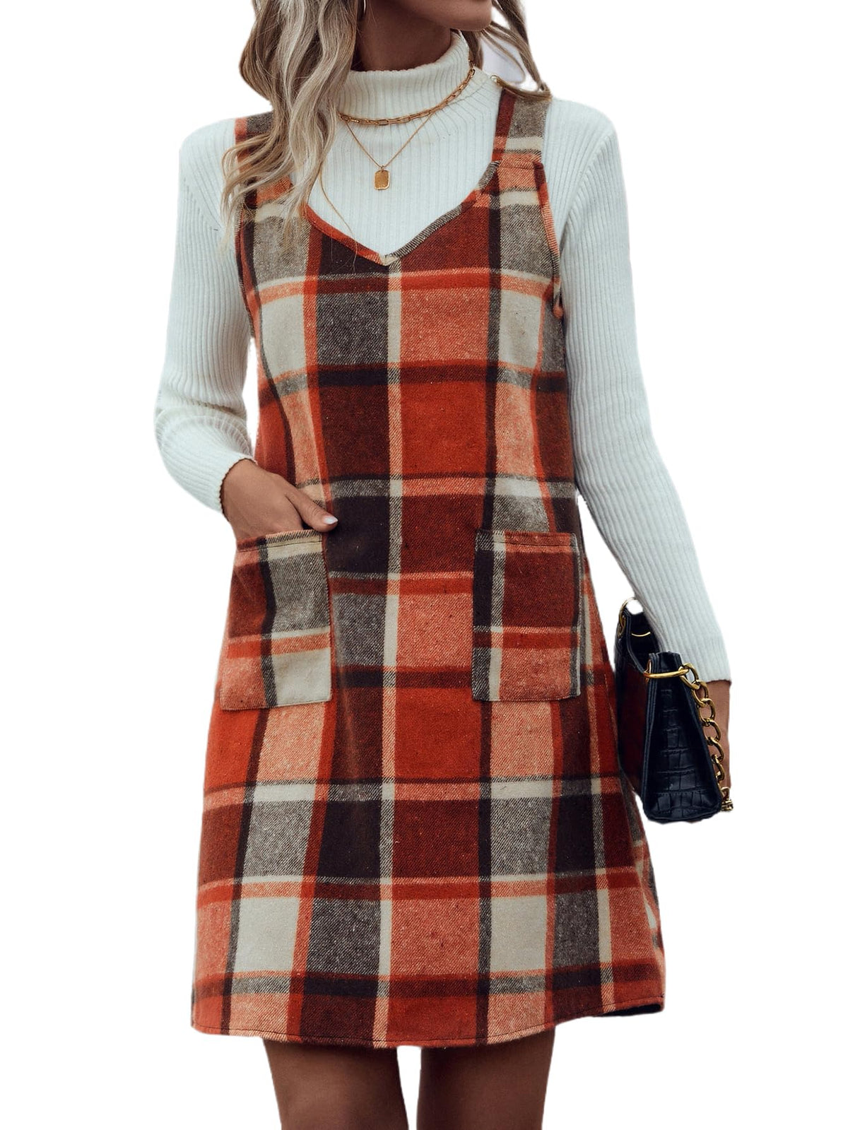 IDEALSANXUN Plaid Overall Dress for Women Fall Winter Sleeveless Plaid Dresses with Pockets