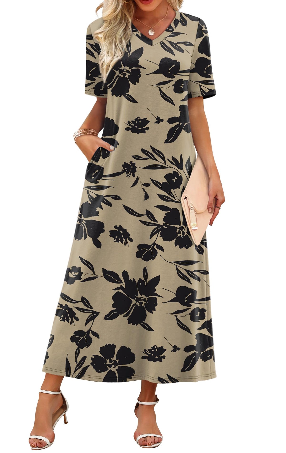 WIHOLL Women's Maxi Dresses V Neck Vacation Beach Sundresses Floral Travel Summer Dress