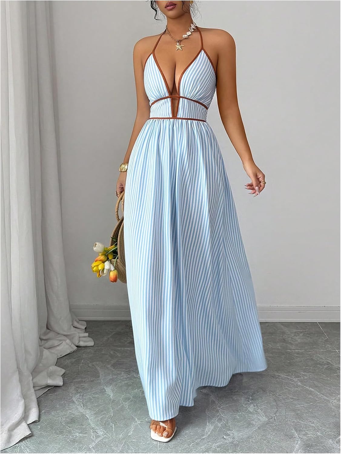 Floerns Women's Striped Halter Maxi Dress Backless Smocked Boho Dress