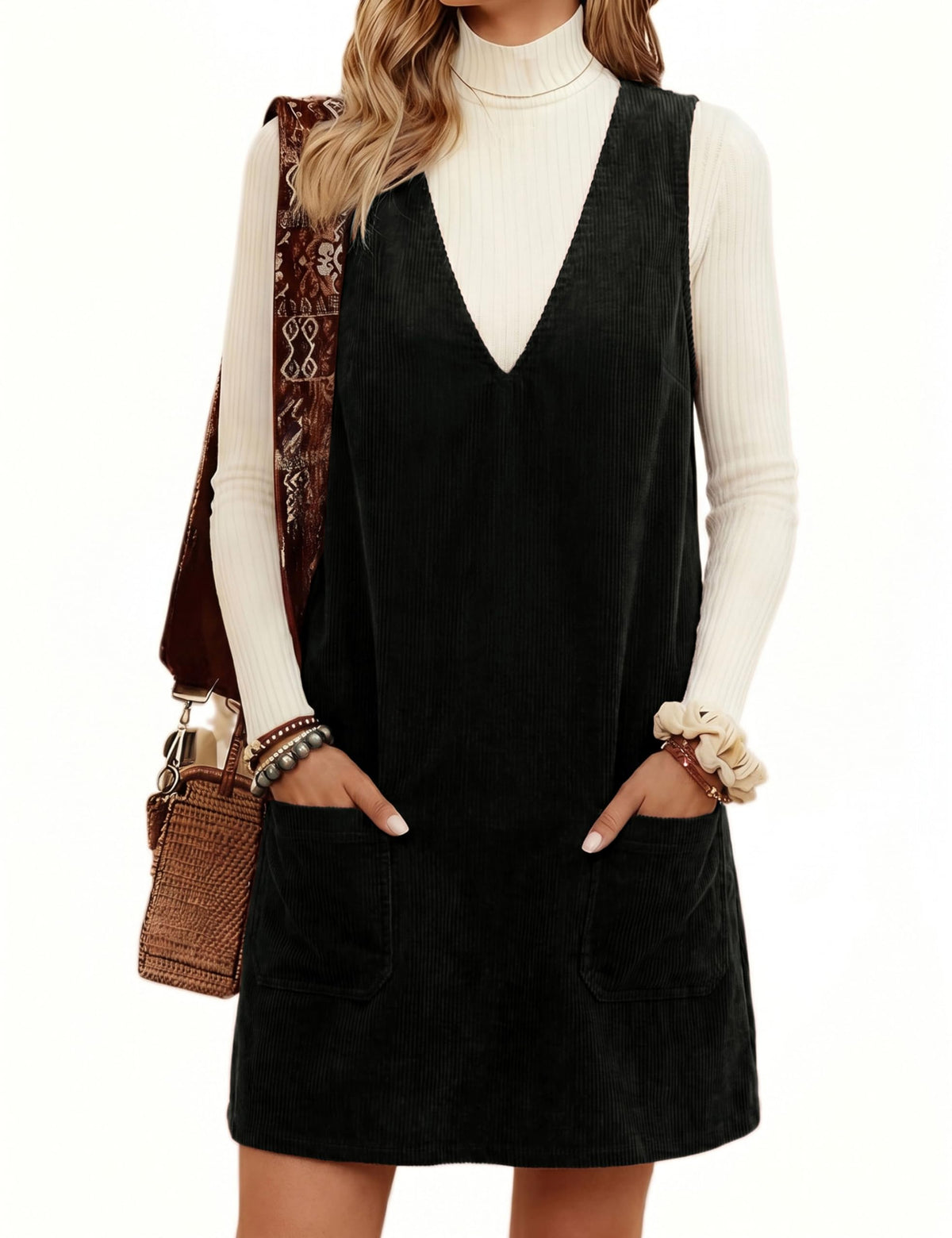 Hooever Women Corduroy Overall Dress V Neck A Line Skirtall Jumper Mini Dress Pinafore with Pockets