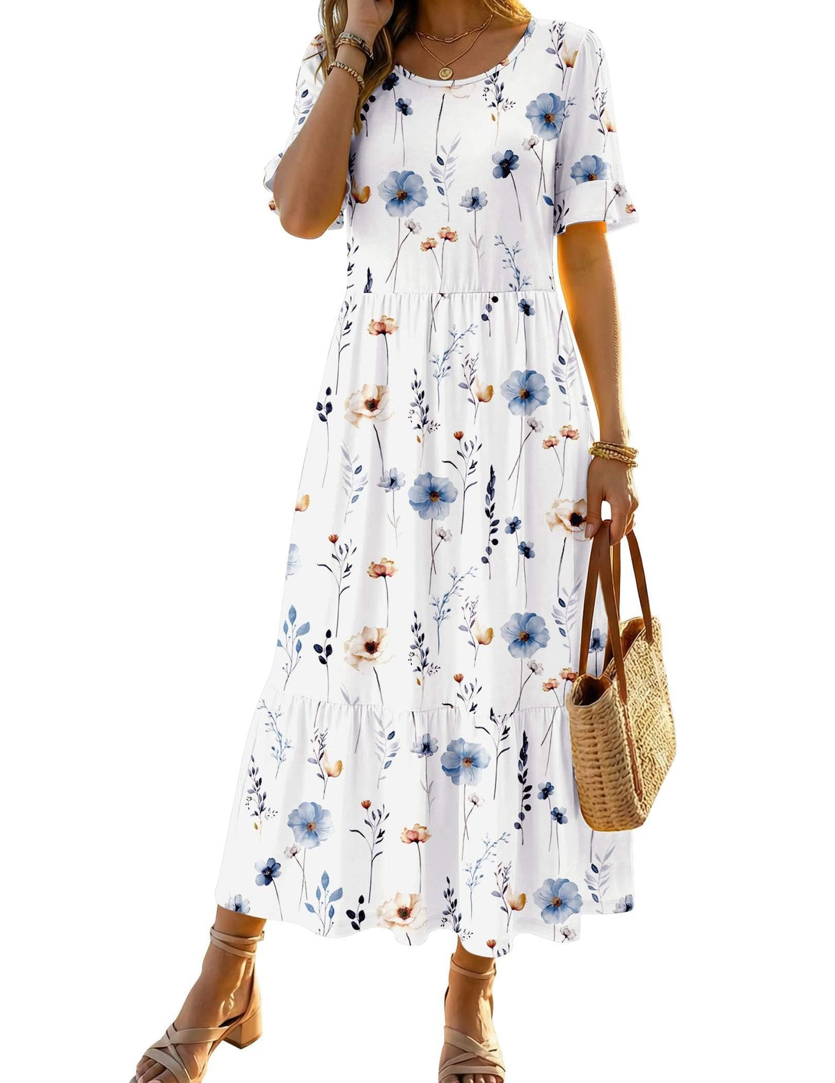 Zeagoo Womens Summer Dresses 2026 Casual Midi Dress Flowy Sundress Ruffle Short Sleeve Tiered Dresses A Line Boho Dress