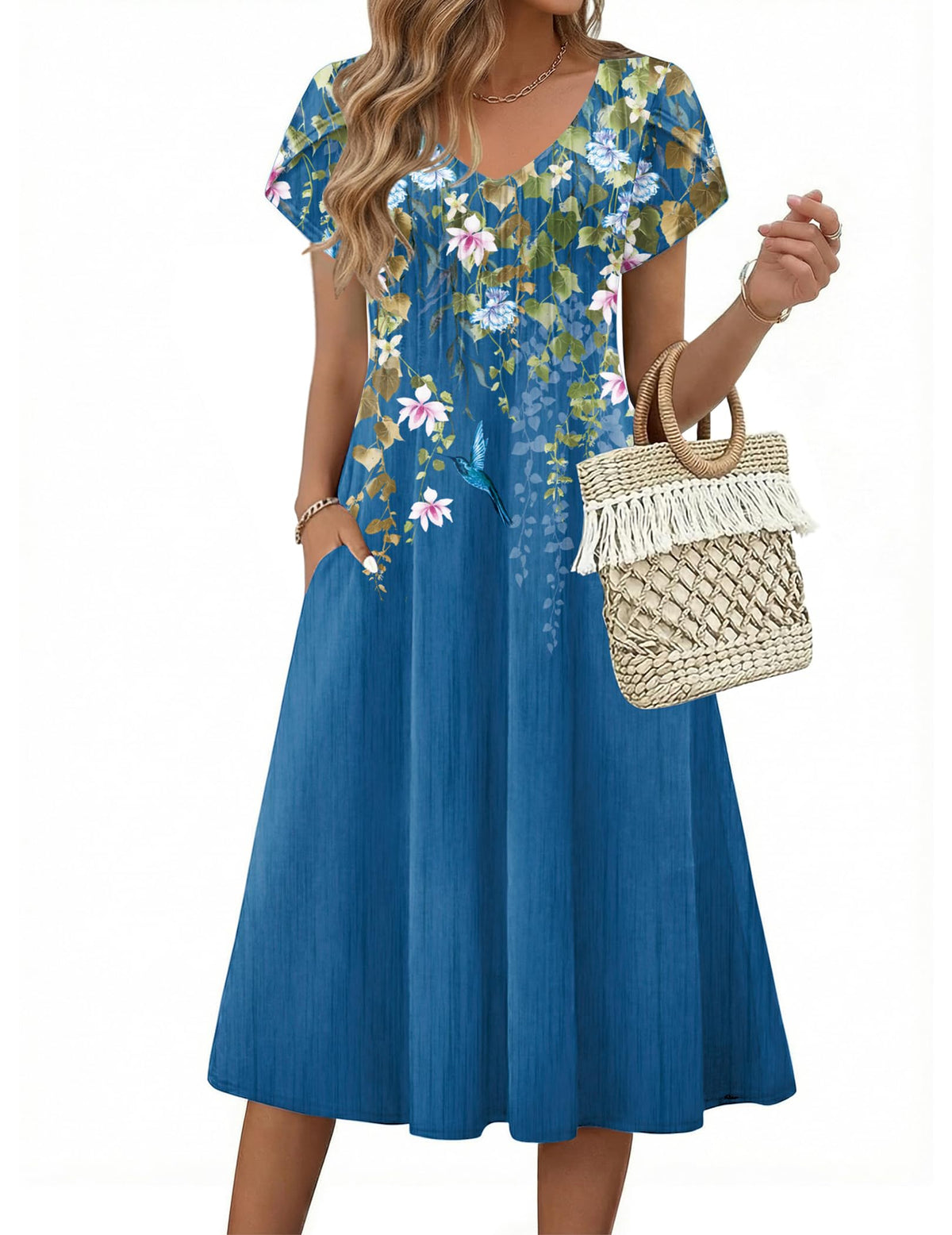 Zeagoo Womens Casual Summer Dress 2026 Short Sleeve Dresses Pleats Midi A Line Flowy Dress Boho Beach Sundress with Pockets