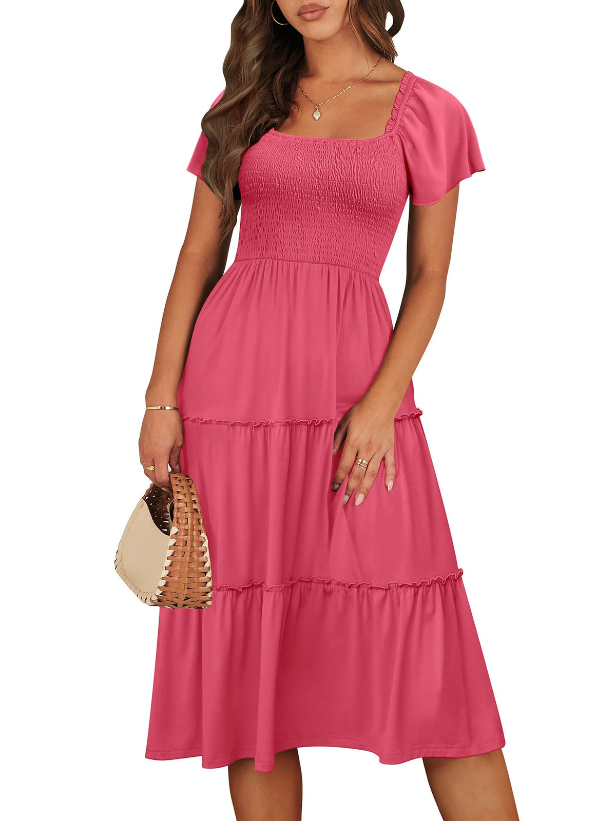 ANRABESS Women Summer Casual Square Neck Flutter Sleeve Boho Smocked A-Line Flowy Tiered Modest Midi Sun Dress with Pockets