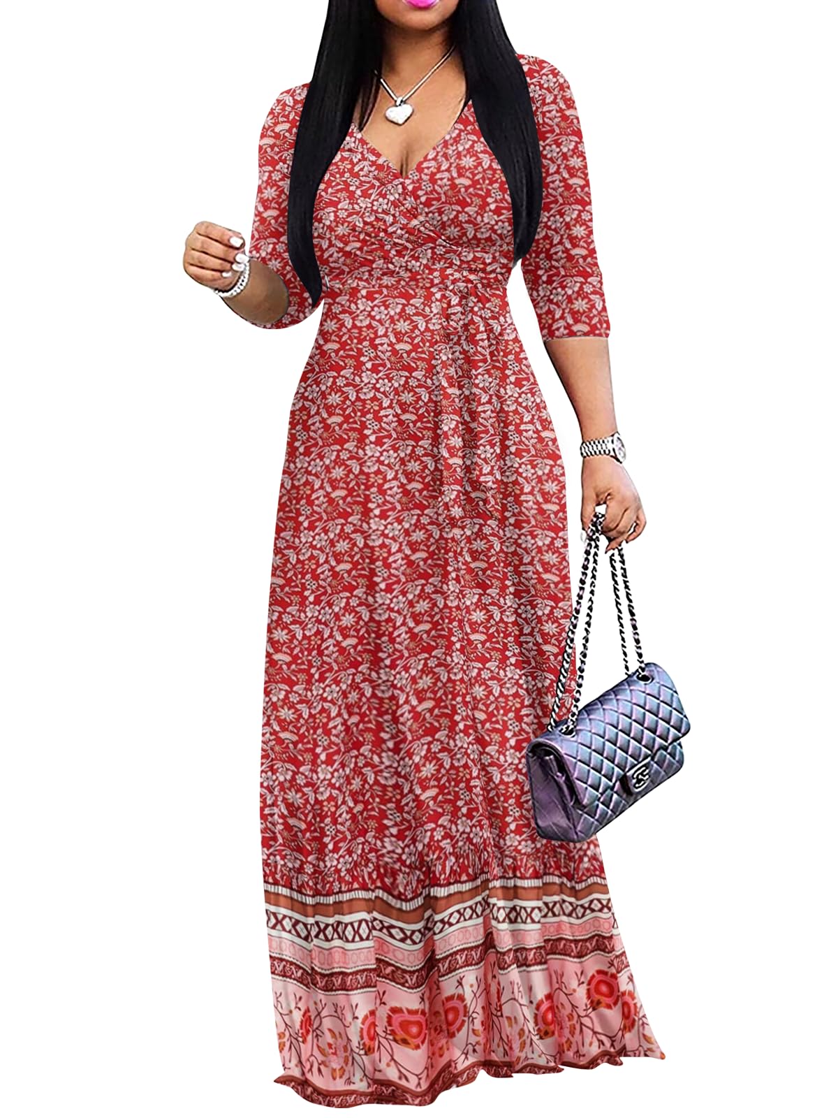 Yajedo Womens Casual Summer Maxi Dress Plus Size Sexy Wrap V Neck 3/4 Sleeve Sundress with Pockets