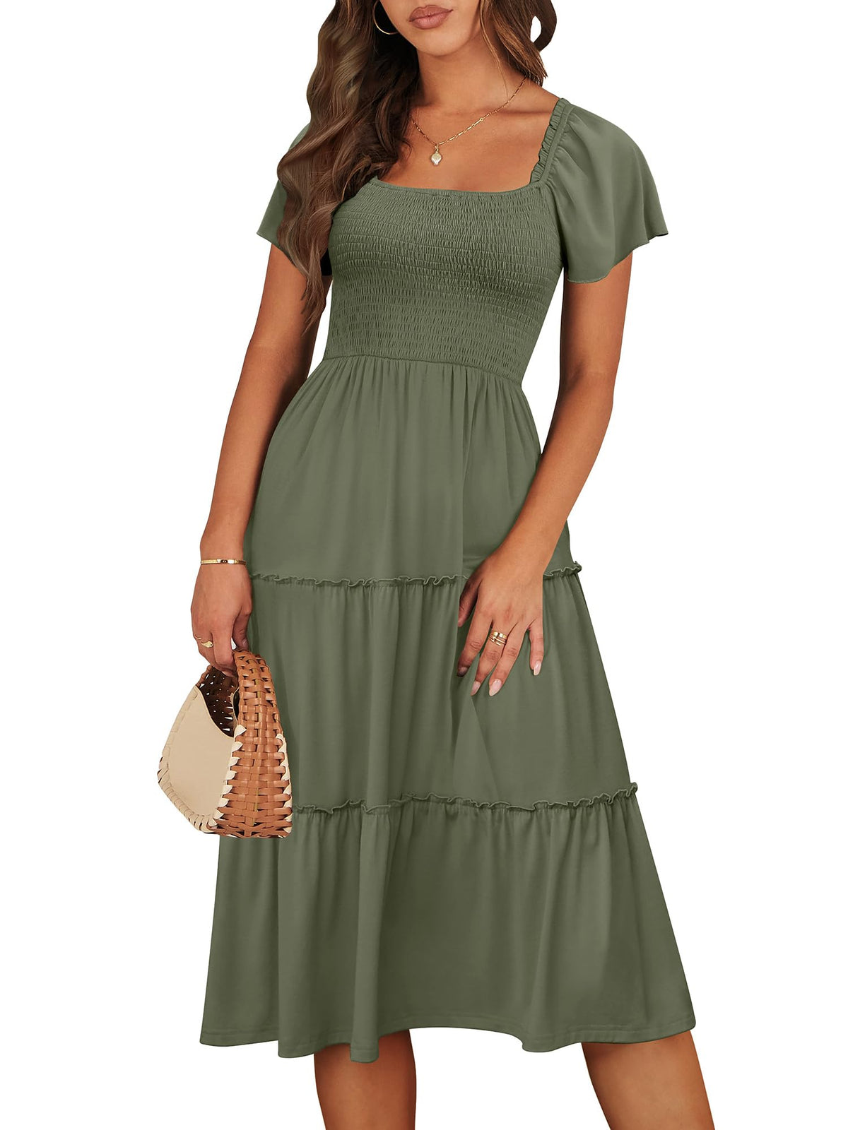 ANRABESS Women Summer Casual Square Neck Flutter Sleeve Boho Smocked A-Line Flowy Tiered Modest Midi Sun Dress with Pockets