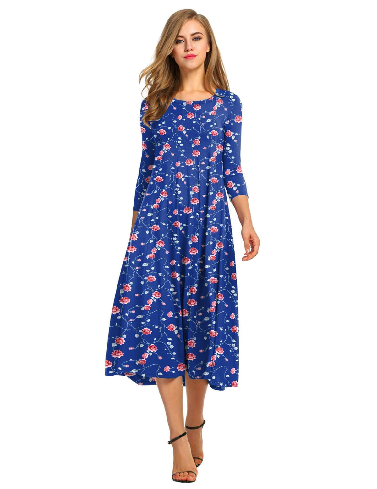 HOTOUCH Women's 3/4 Sleeve A-line and Flare Midi Long Dress