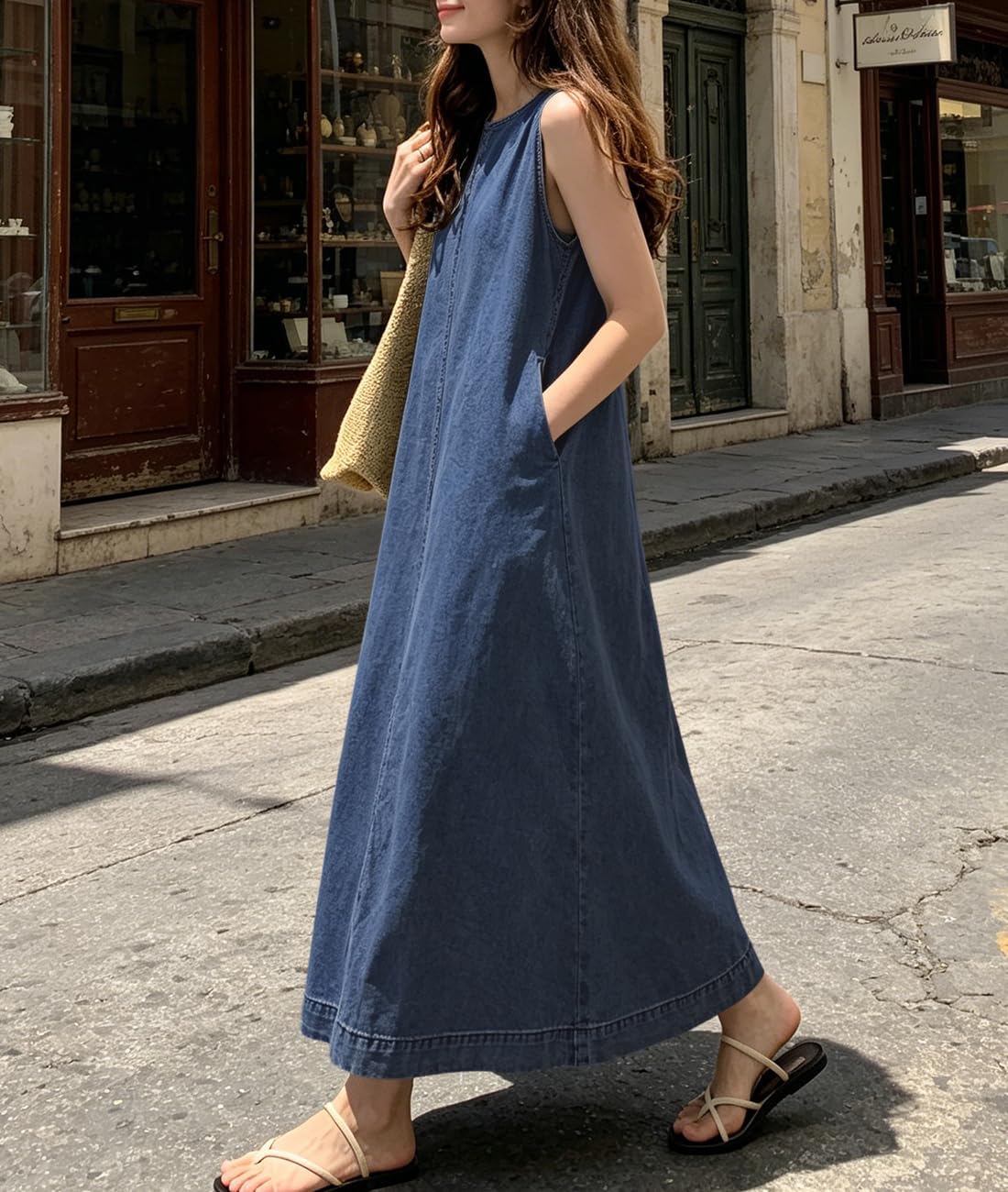 Retro Denim Jumper Dress for Women Sleeveless Crewneck Maxi Long Jean Vest Shift Dress with Pockets