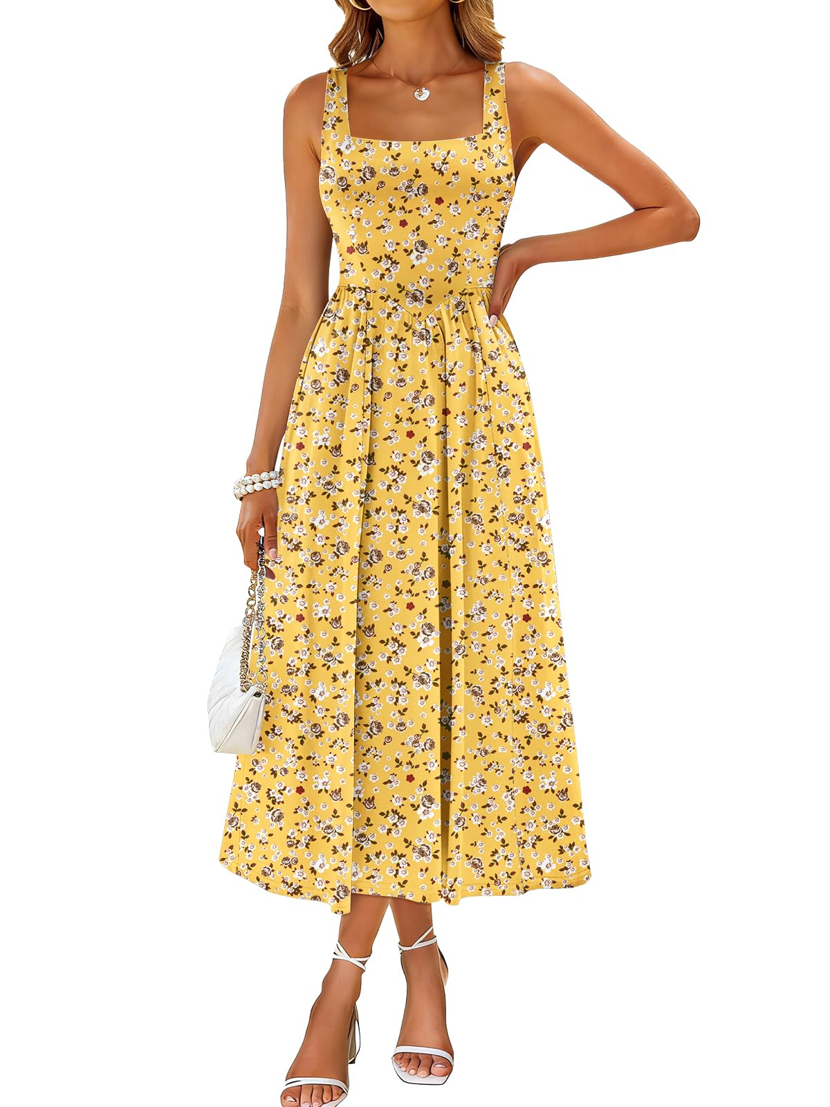 Sureple Midi Dresses for Women 2026 Spring Square Neck Tank Sleeveless A Line Casual Summer Sundresses with Pockets