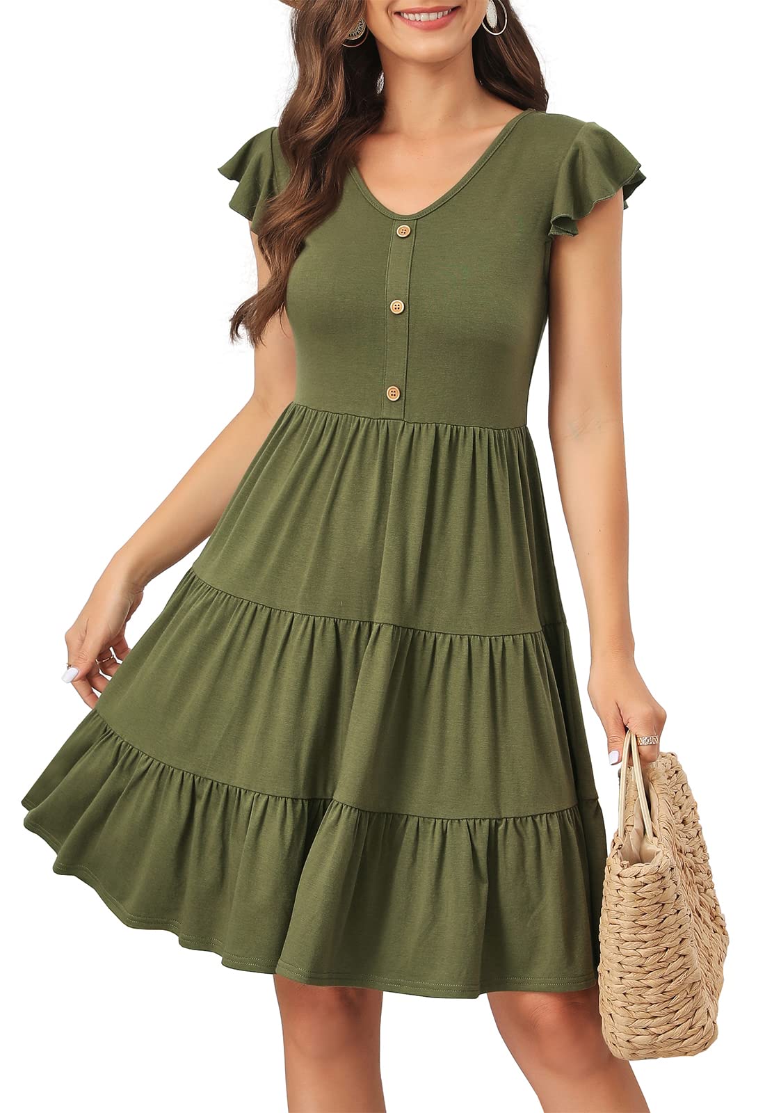 Lamilus Summer Dresses for Women 2026 Ruffle Sleeve V Neck Non-See Through Tiered Babydoll Mini Dress Graduation Beach