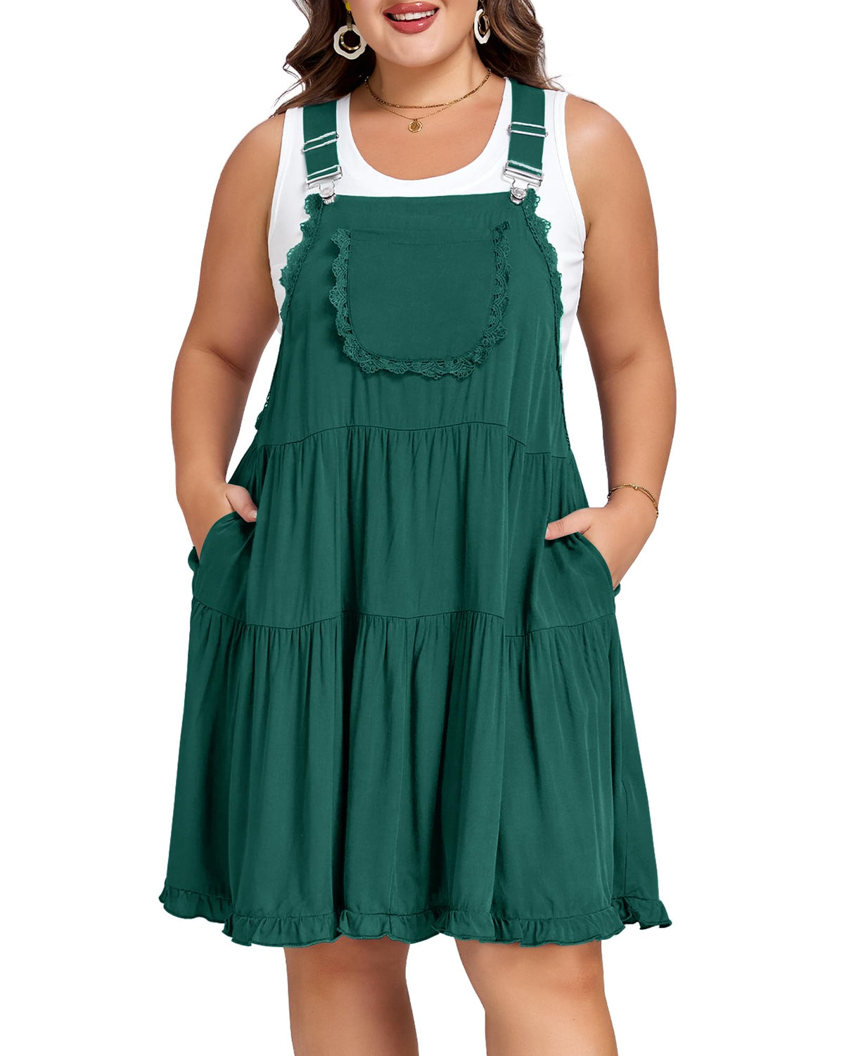Moon Wood Plus Size Overall Dress for Women Adjustable Straps Lace Trim Jumper Dress with Pockets Tiered Mini Dress
