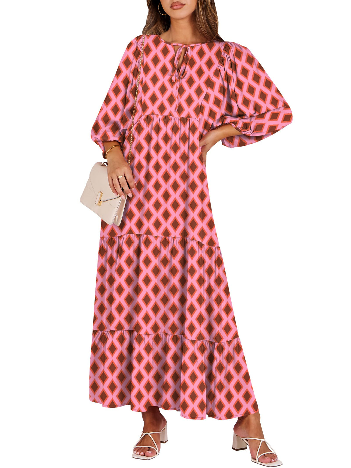 ANRABESS Womens Boho Floral 3/4 Puff Sleeve Maxi Dress