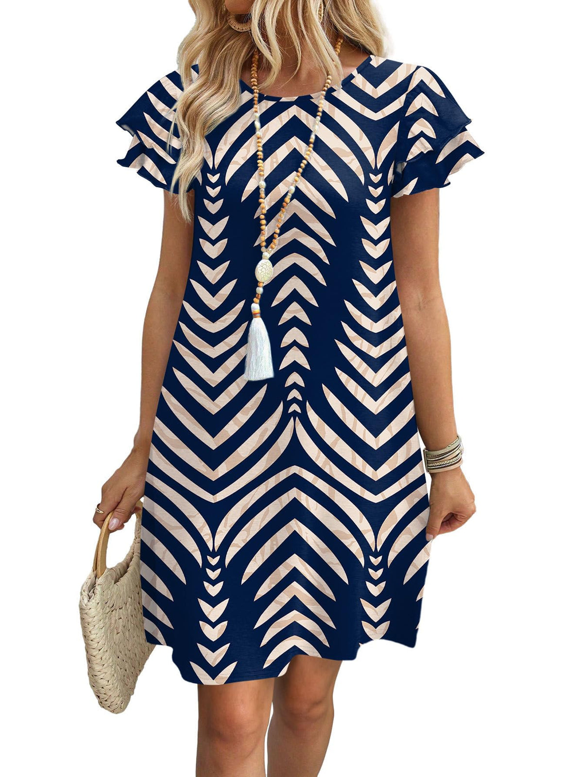 OFEEFAN Womens Summer Dresses 2026 Ruffle Sleeve Round Neck Loose Swing Sundresses with Pockets Plain/Print